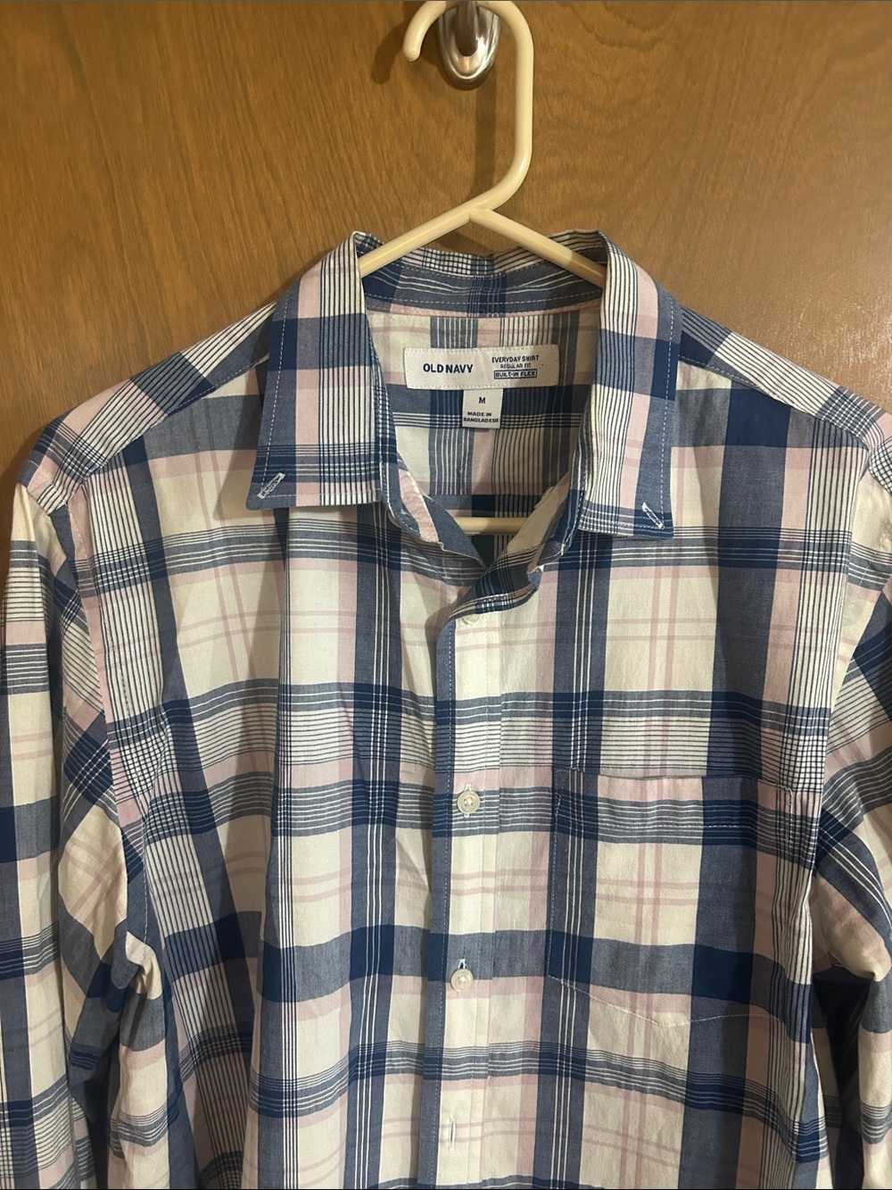 Old Navy Men’s Navy and Light Pink Plaid Button-Down Shirt